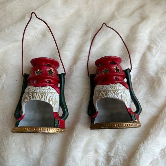 2 Ceramic Santa Head Votive Candle Holder Lanterns Handle Christmas Tea Light - Picture 3 of 11